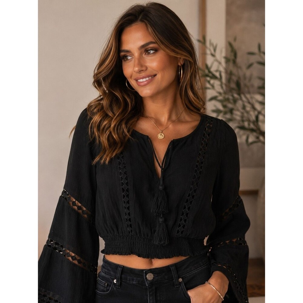 Boho Black Tassel Tie Crochet-Trim Peasant Blouse